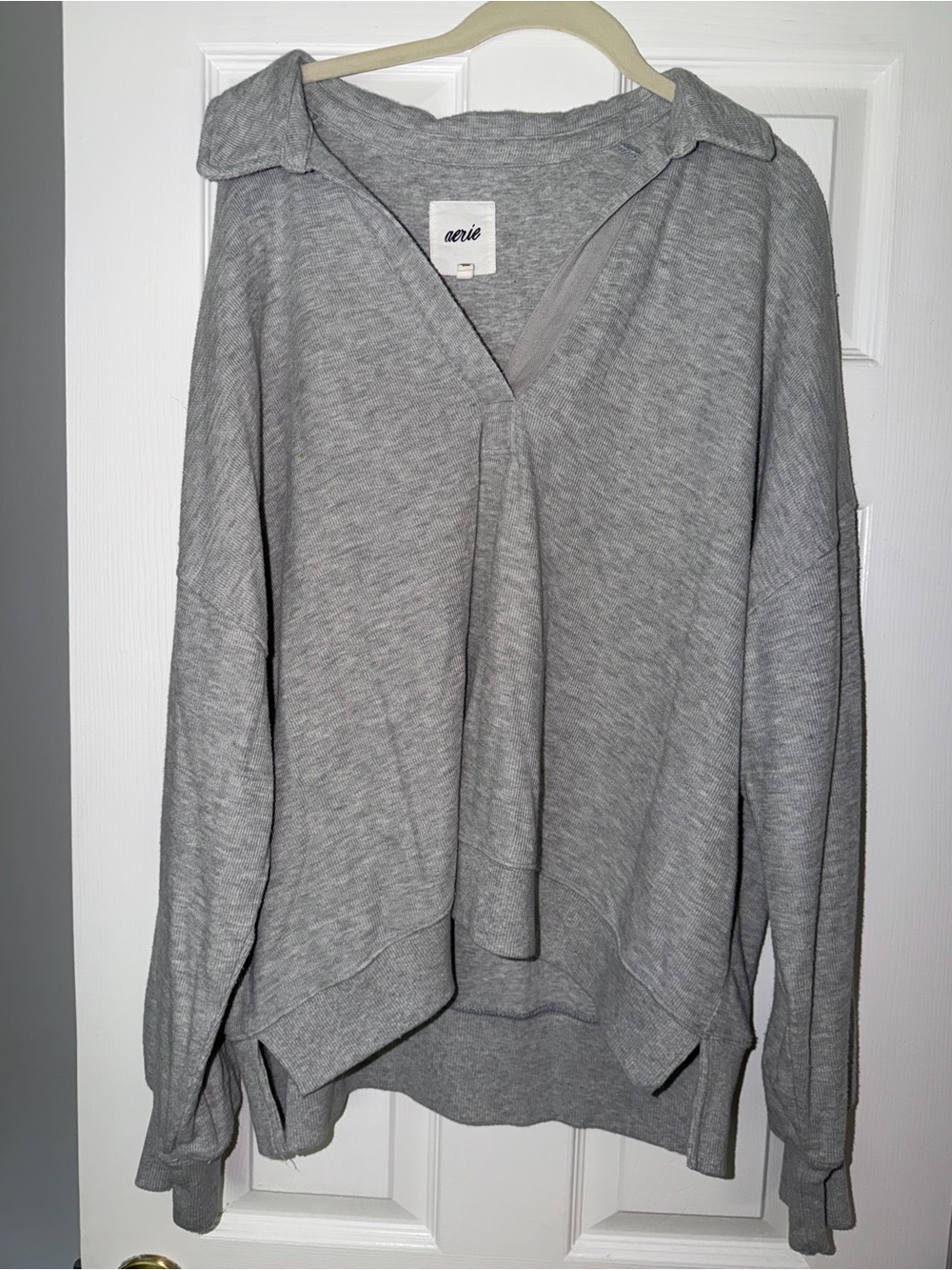 aerie Light Gray V-Neck Collared Pullover